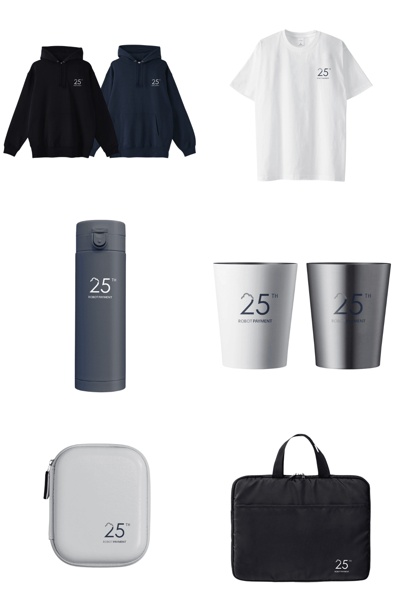 （左上から）スタンダード パイルパーカー、プレミアムTシャツ、ステンレスボトル、タンブラー、フェイクレザーマルチケース、13.3インチ PCバッグ