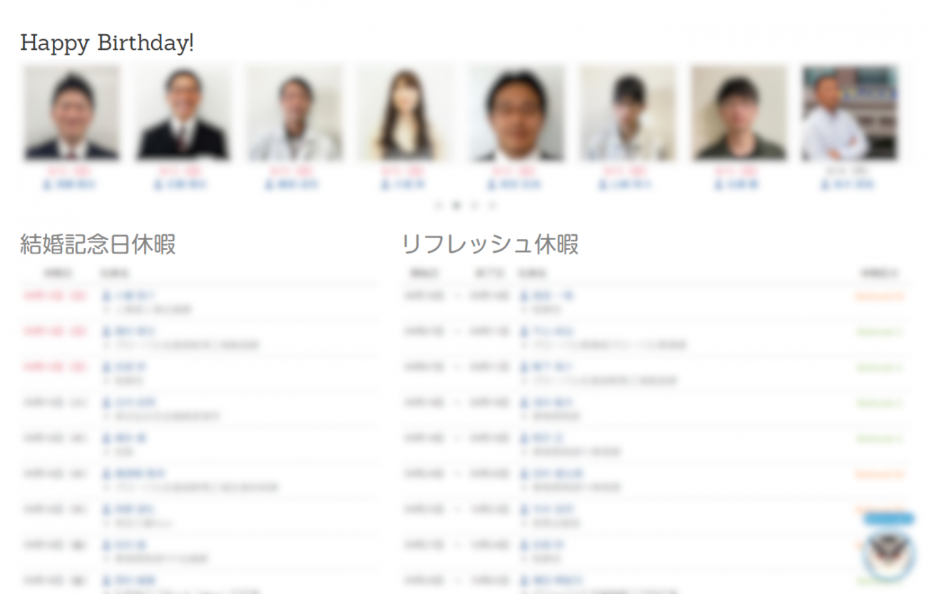 イントラネットにて社員の誕生日や休暇の取得期間を掲載している。